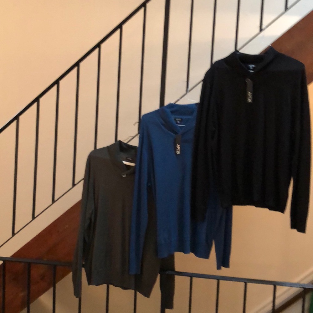 Three Merino Shawl Sweaters: Black, Blue, Green